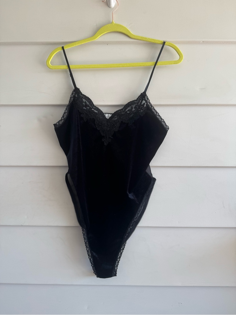 Vintage Seductive Wear Black Velvet Lace Trim Bodysuit Teddy M